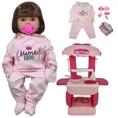 KIT Boneca Bebê Mamãe Reborn 45cm + Mini Cozinha