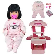 KIT Boneca Bebê Morena Mamãe Reborn 45cm + Mini Cozinha