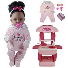 KIT Boneca Negra Bebê Mamãe Reborn 45cm + Mini Cozinha - 45cm!