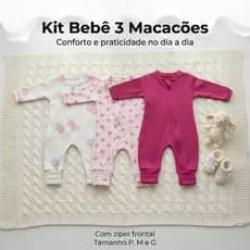 Kit 3 Macacões Pijama Bebê Menina Vira Pé com zíper 100% algodão Suedine P M G Estampado e Liso