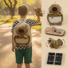 Kit Capivara Escolar Completo | Mochila Pelúcia + Estojo + Canetinhas