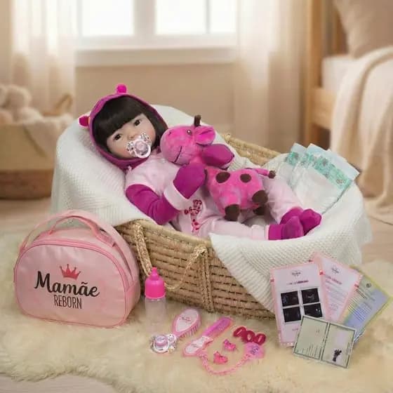 Bebê Reborn Boneca Realista Silicone Girafinha Mamãe Reborn + Enxoval com Bolsa e Acessórios - 48cm!