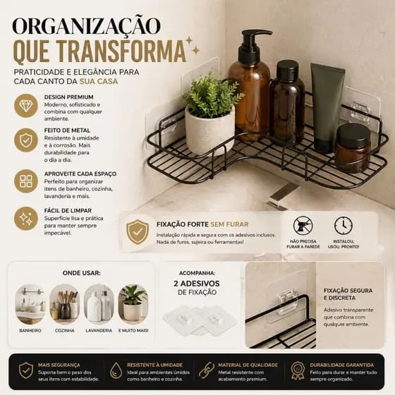 Kit Com Suportes Organizadores De Metal Rack De Parede Banheiro Cozinha Prateleiras Porta Shampoo Top&casa