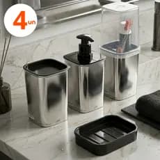 Kit Banheiro Porta Escova Lavabo Preto 4 Peças Metalizado