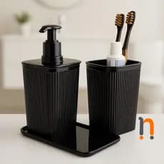 Kit Banheiro Preto com Bandeja Porta Sabonete Líquido e Porta Escova