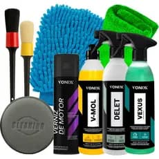 Kit Lavagem Vonixx e Limpeza de Motor Completa para Motos e Carros Shampoo V-Mol Limpador Delet Vexus Verniz de Motor