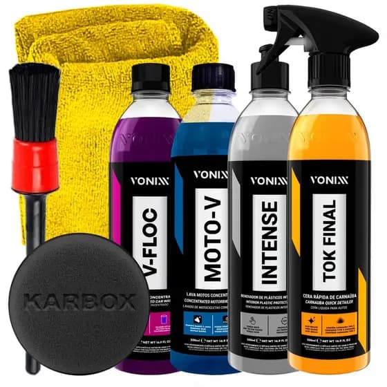 Kit Shampoo Automotivo V-Floc Shampoo Desengraxante Moto-V Cera Tok Final Intense e Acessórios Karbox