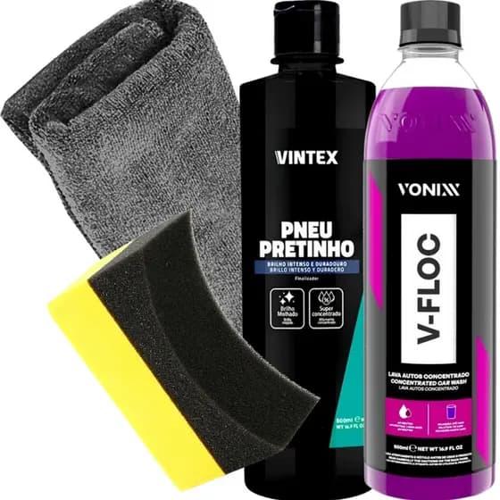 kit Lavagem de Carro Moto Estética Automotiva Shampoo V-Floc Vonixx Pneu Pretinho Vintex Aplicador de Pretinho e Toalha