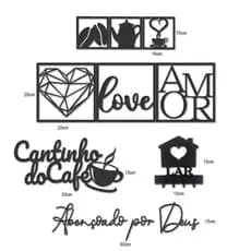 Placas Decorativas em MDF Preto – Kit 6 Unidades + Letreiro Amor para Cantinho do Café Cozinha Parede Estúdio Gourmet
