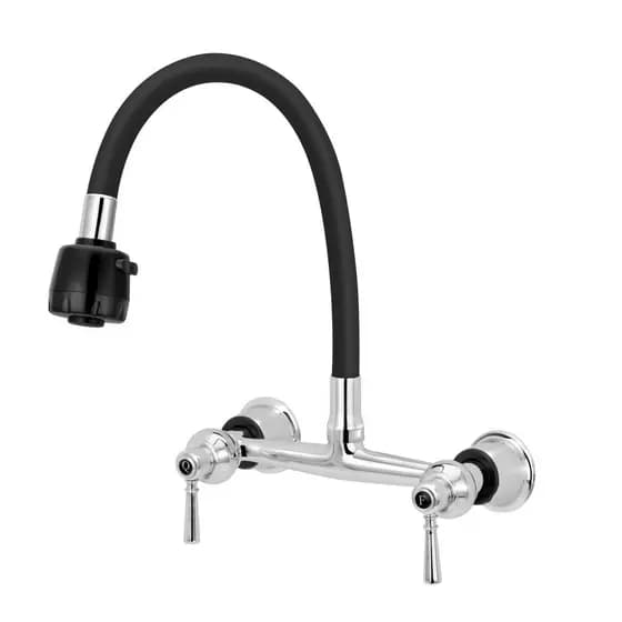 Torneira Parede Cozinha Misturador Flexível Duplo Jato Preto Agua Quente Fria Gourmet