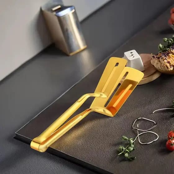 Pinça Pegador Espátula Multiuso Dourado Utensilio Em Inox