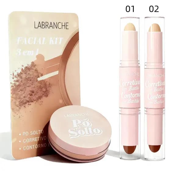 LA1142 Kit Facial 3 em 1 Pó Solto Contorno e Corretivo Cor 01 Cor 02 Labranche