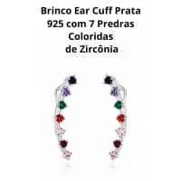 Brinco Ear Cuff em Prata 925 com 7 Pedras Zircônias Coloridas- Para Momentos Especiais ou Uso Diário
