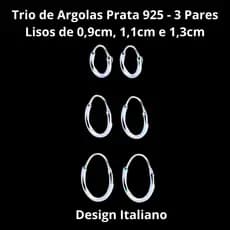 Brincos Trio de Argolas Prata 925 - Conjunto com 3 Pares Lisos em 3 Tamanhos Diferentes