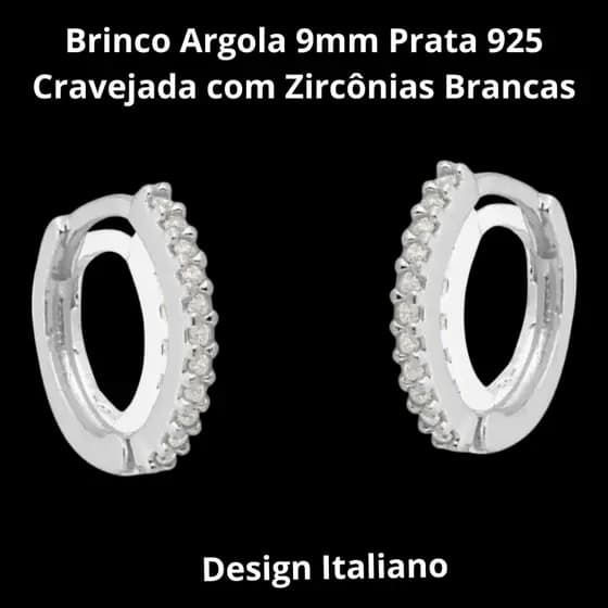 Brinco Argola Mini 9mm Prata 925 Cravejada com Zircônias Brancas Modelo Italiano Moderno e Versátil
