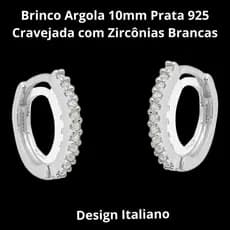 Brinco Argola 10mm em Prata 925 Cravejada com Zircônias Brancas  Modelo Italiano Delicado e Versátil