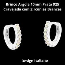 Brinco Argola Mini 10mm Prata 925 Cravejada com Zircônias Brancas Modelo Italiano Delicado Versátil