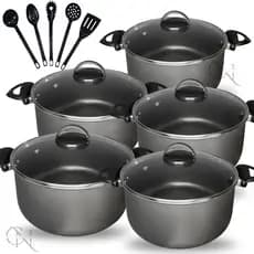 Kit Jogo de Panelas 10 peças Caçarolas Antiaderente Teflon com Tampa Vidro e Utensílios