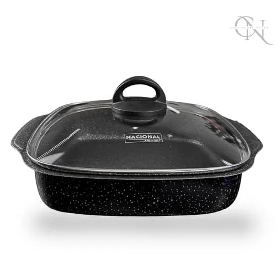 Forma Assadeira Alta 25 cm Quadrada 5 Camadas de Antiaderente TECHFLON com Tampa de Vidro Cor Preta