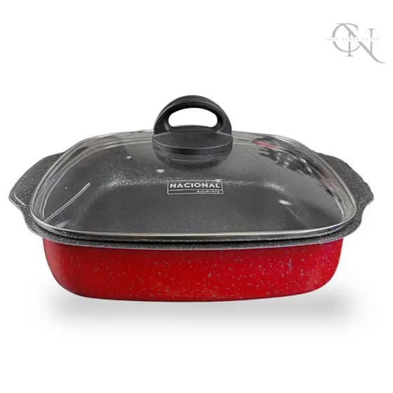 Forma Assadeira Alta 25 cm Quadrada 5 Camadas Antiaderente TECHFLON com Tampa de Vidro Cor Vermelha