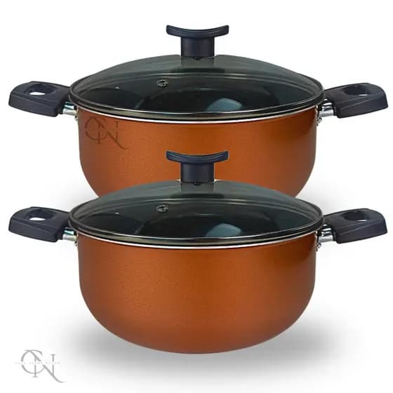 Kit Jogo Panela Plus 2 peças Tamanho Grande 22 e 24 cm Antiaderente Tampa de Vidro Cor Cobre e Preto