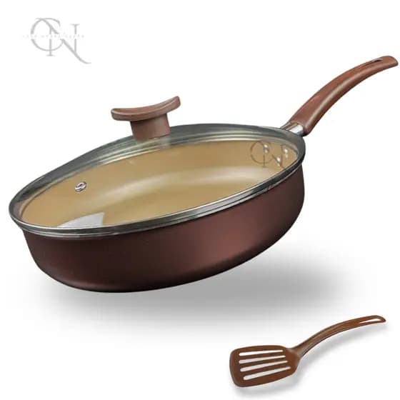 Frigideira 24 cm Alta Funda 5 Camadas Antiaderente com Tampa de Vidro e Espátula Cor Marrom Dourado