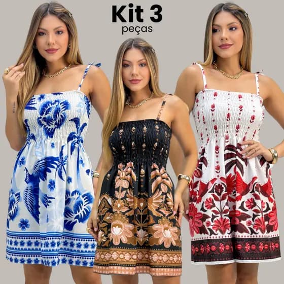 Kit 3 Vestido Feminino Curto Estampado Com Alça de Regulagem