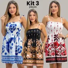 Kit 3 Vestido Feminino Curto Estampado Com Alça de Regulagem