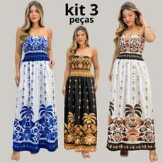 Kit 3 Vestido Tropical Longo com Elastex Tomara que Caia Estampado – Moda Feminina