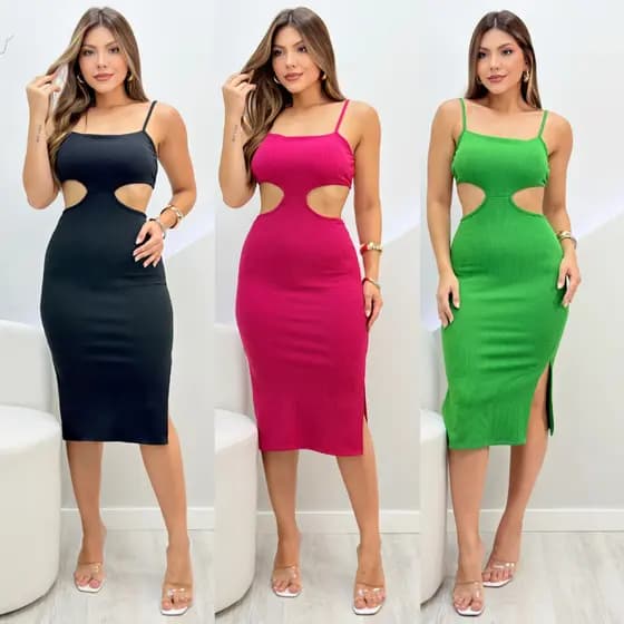 Vestido Feminino Costa Nua Midi Com Fenda Decote Canelado Tubinho Colado Elegante