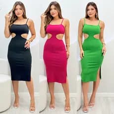 Vestido Feminino Costa Nua Midi Com Fenda Decote Canelado Tubinho Colado Elegante