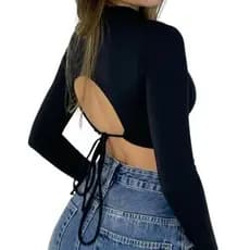 Cropped Feminino Manga Longa Costa Nua com Amarração em Suplex Premium com Gola Média Pâmella
