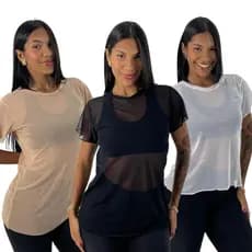 KIT 3: Blusa Feminina Tule Transparente de Academia Manga Curta Camisão Fitness