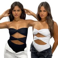KIT 2: Body Feminino Tomara que Caia Nó Torcido Transpassado em Suplex Premium Estiloso Versátil
