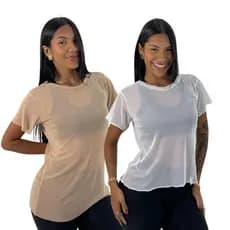 KIT 2: Blusa Feminina Tule Transparente de Academia Manga Curta Camisão Fitness