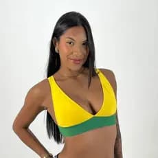 Top Cropped Brasil Alça Grossa Decote V Bicolor Feminino Copa do Mundo Verde e Amarelo Suplex Premium