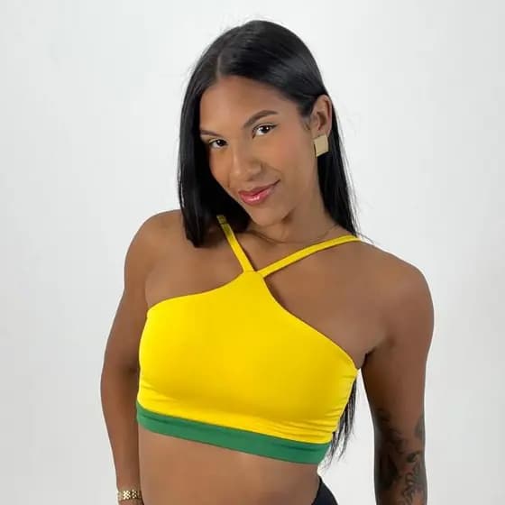 Top Frente Única Fitness Feminino Brasil Bicolor com Sustentação Tecido Duplo Elasticidade