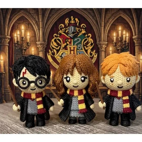 Miniatura Harry Potter, Hermione e Ron | Trio Hogwarts Estilo Tricô Knitted 12cm | Amigurumi Style | Action Figure