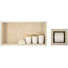 Nicho Para Banheiro Em Porcelanato E Porta Papel Higiênico  - Kit com 2 peças (Bege Marmorizado)