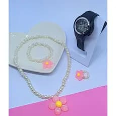 Kit Relógio Infantil Digital Menina Luz Led Colorido Cronometro Silicone Esporte + Colar e Pulseira Anel Miçangas