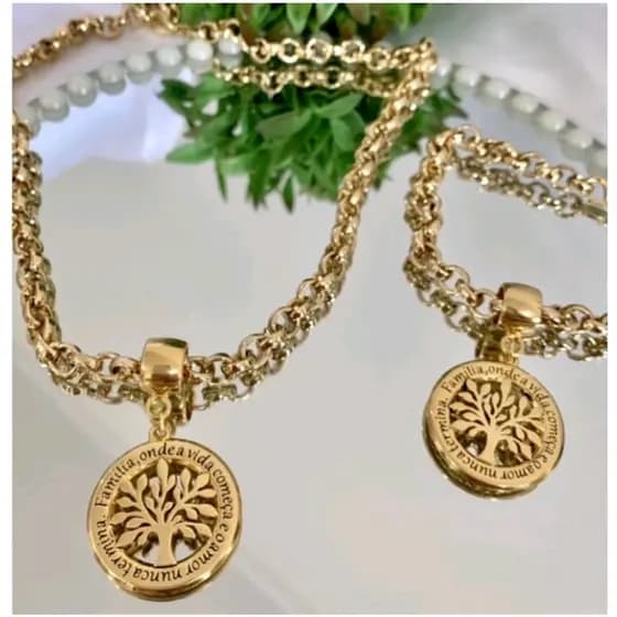 Conjunto Colar Feminino + Pulseira Elo Português Pingente Arvore da Vida Folheado Ouro 18k Presente Moda Tendência