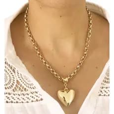 Colar Choker Corrente Feminino Elos Português Grosso 50cm Pingente Coração Liso Folheado Ouro 18k Tendência