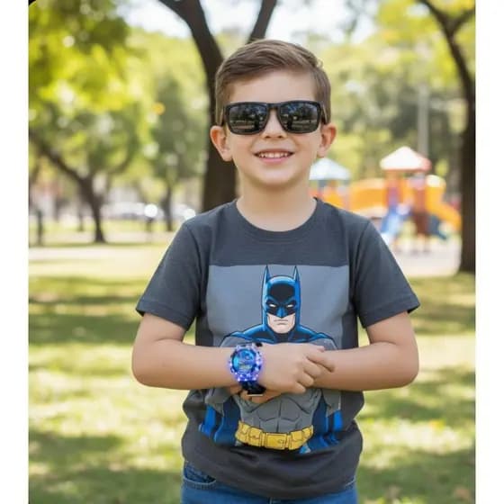Kit Relógio Digital Pisca Luz Led Toca Música Silcione Personagens Disney Desenho +Óculos de sol Infantil para Crianças