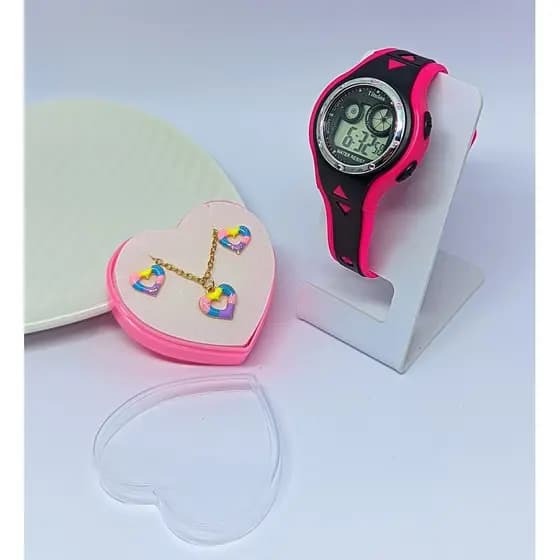 Kit Relógio Infantil Digital Luz Led Colorido Esporte Meninas Cronometro  + Conjunto Colar e Brincos Aço Delicado