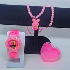 Kit Relógio Digital Pisca Luz Colorido Toca Musica Desenho Disney Menina +Colar Pulseira Miçangas Flor Urso Presente