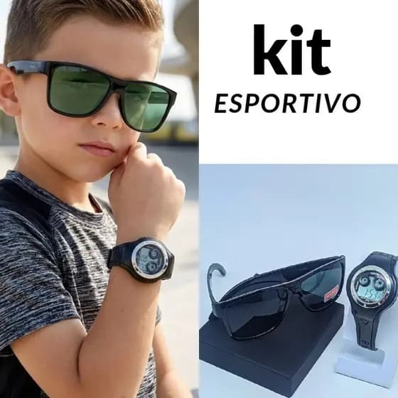 Kit Relógio Infantil Digital Esporte Alarme Cronômentro Sports Watch + Óculos de Sol Qaudrado Crianças Menino/Menina