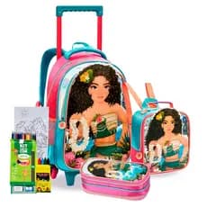 Kit Escola Princesas Mochila Moana De Rodinhas Estojo Lancheira Térmica Coleção 2025 Denlex Raya