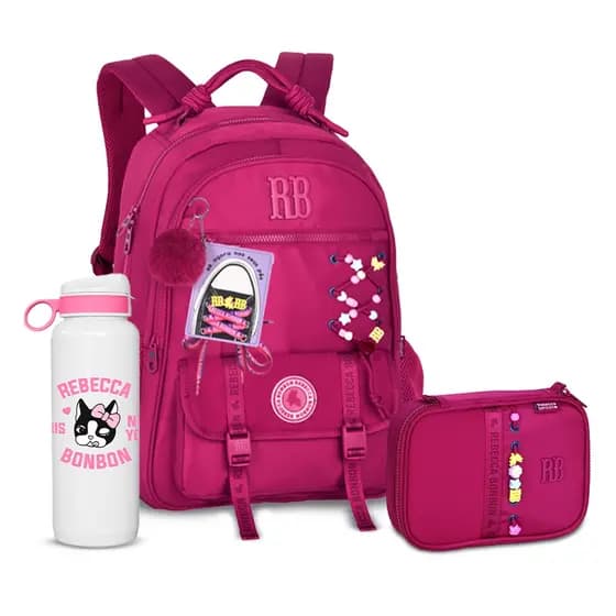 Kit Mochila Soft Costas Alça Carona Cadarço Chaveiro Pompom Estojo Rebecca Bonbon Reforçada