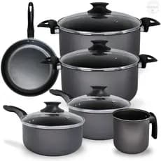 Jogo de Panelas Completo 1 Caneco, 2 Panelas, 2 Caçarolas e 1 Frigideira com Antiaderente Premium - Cor Preto Grafite