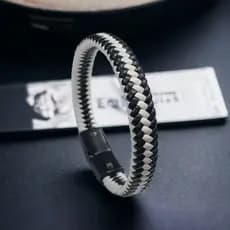 Pulseira Couro Trançado Branco/Preto P934